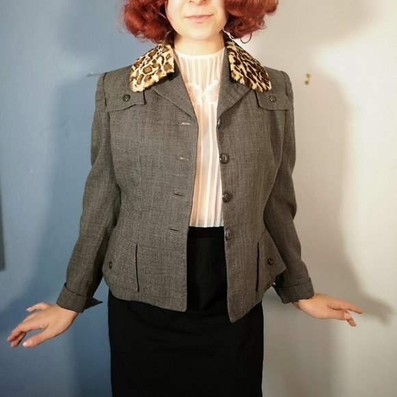 1940s Vintage Leopard Print Faux Fur Collar Suit Jacket Blazer Dark Gray Ladies - Picture 2 of 8